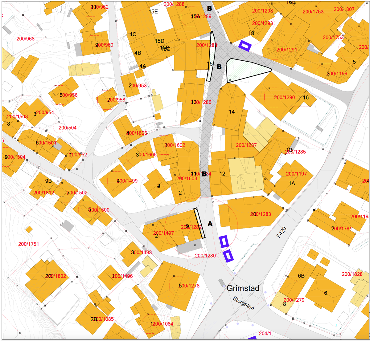 Kart over utleieområdet B103 Grimstad sentrum - Klikk for stort bilde