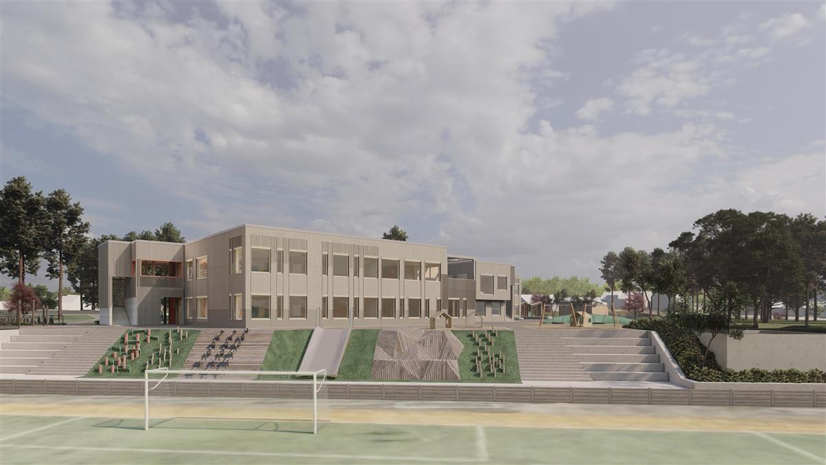 Illustrasjon av skolebygningen sett fra fotballbanen - Klikk for stort bilde