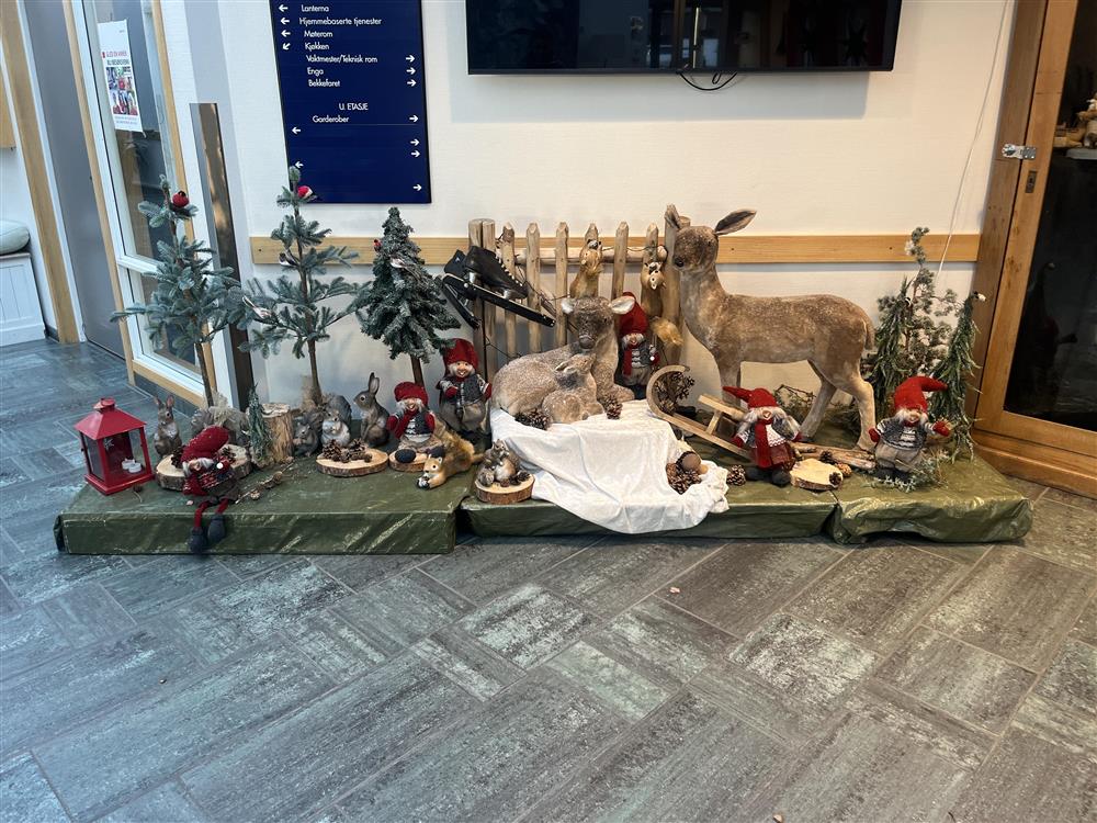 Utstilling av "vinter og jul": trær, nisser, rådyr, ekorn, hare, skøyter  og kjelke - Klikk for stort bilde
