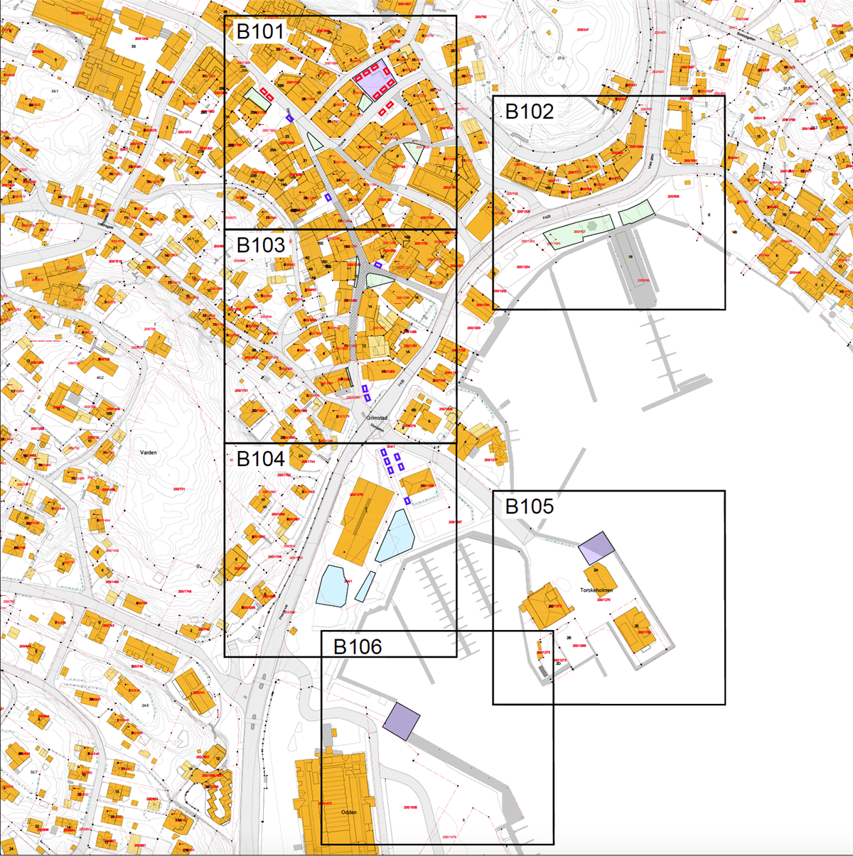 Kart over offentlige utendørs byrom til utleie Grimstad sentrum - Klikk for stort bilde