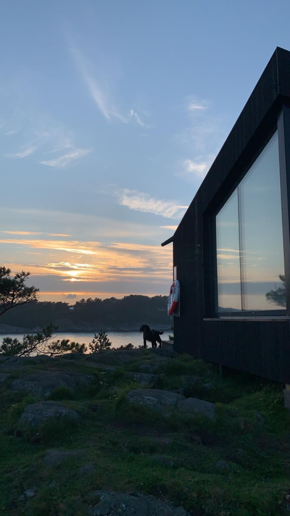 Dagsturhytta, hund, og skjærgård i solnedgang - Klikk for stort bilde