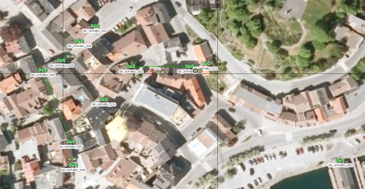 Oversikt over WiFi4Eu-sendere i Grimstad sentrum - Klikk for stort bilde