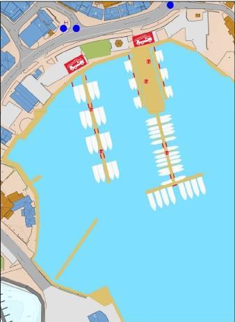 Illustrasjonen viser hvor båtene kan ligge i Grimstad gjestehavn sommeren 2023 - Klikk for stort bilde