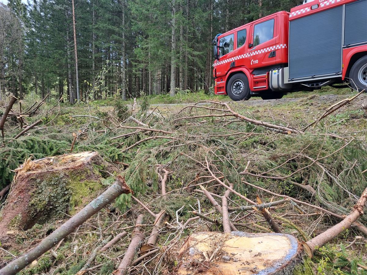 Brannbil på vei, nedenfor hogstfelt med mye tørre kvister - Klikk for stort bilde