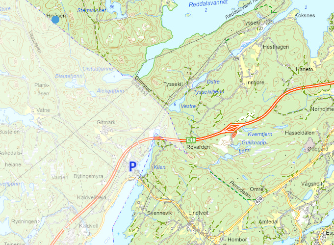 Kartet viser Hisåsen, og området rundt, blant annet Svennevik, Lindtveit, E18, Tyssekil, Reddalsvannet og Vatne. - Klikk for stort bilde
