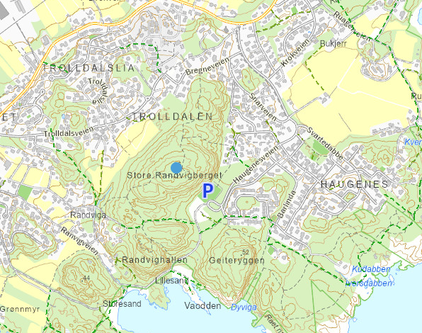 Kartet viser trollefjell, og deler av området rundt, blant annet Trolldalslia, Randviga og Haugenes - Klikk for stort bilde