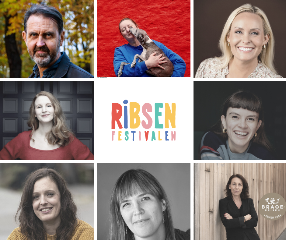 Plakat med ni bilder av forfattere, Ribsenfestivalens logo i midten. - Klikk for stort bilde