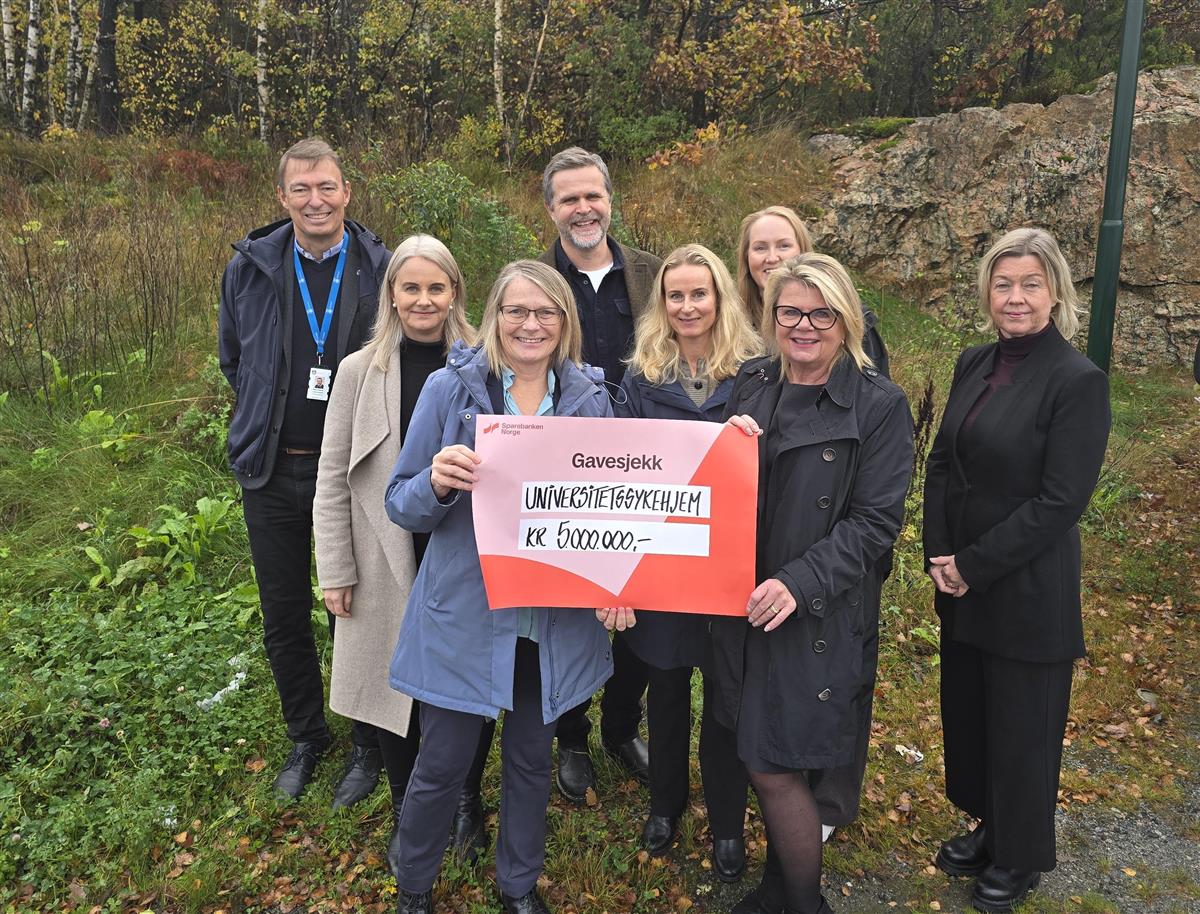 Åtte mennesker samlet med en sjekk - Klikk for stort bilde