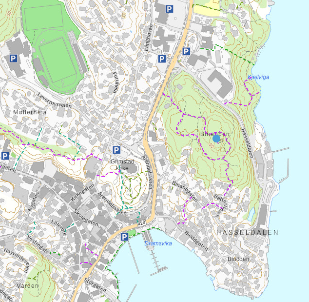 Kart over Binabben og deler av sentrum - Klikk for stort bilde
