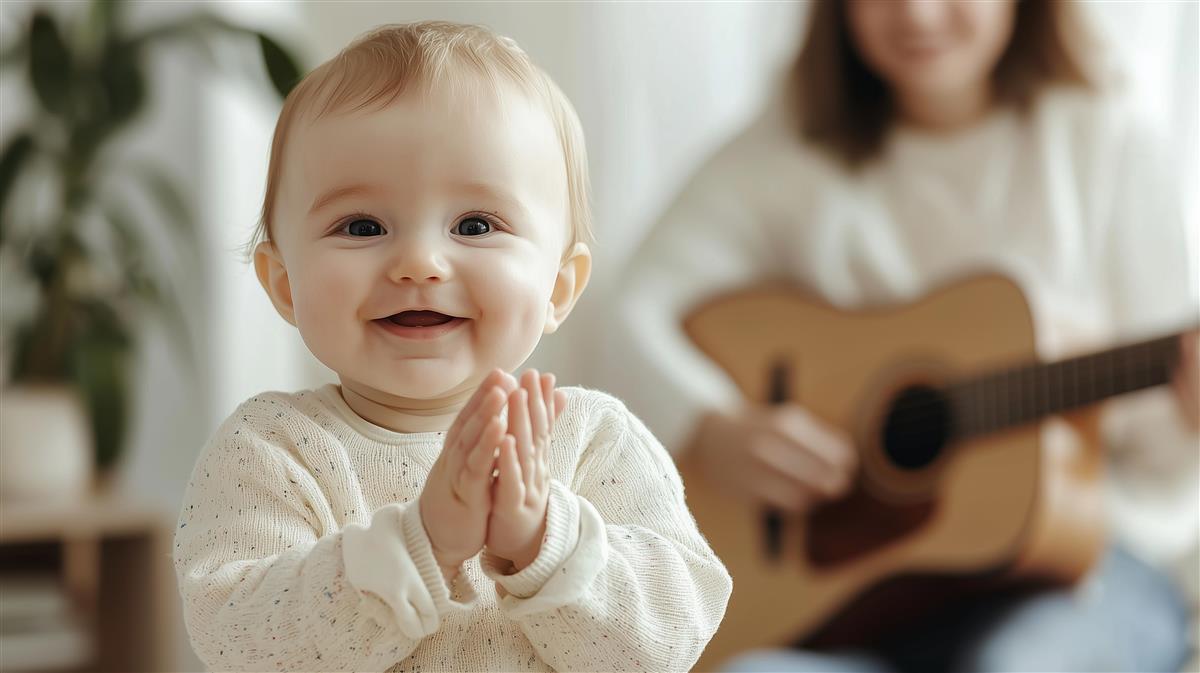 Baby som klapper i hendene, person sitter bak og spiller på gitar. - Klikk for stort bilde