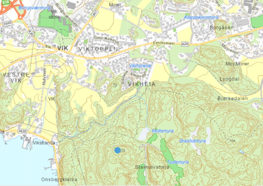 Kartet viser Viddeflaten, og området rundt med Vikheia, Fevikveien,  Moy Moner, Vestre Vik, Viktoppen og Vikstranda - Klikk for stort bilde