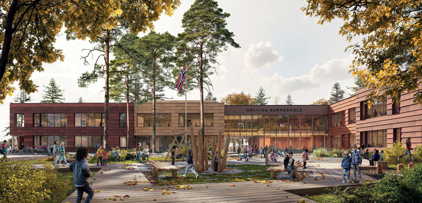 Et stort skolebygg sett fra skogssiden,  mange barn i skolegården