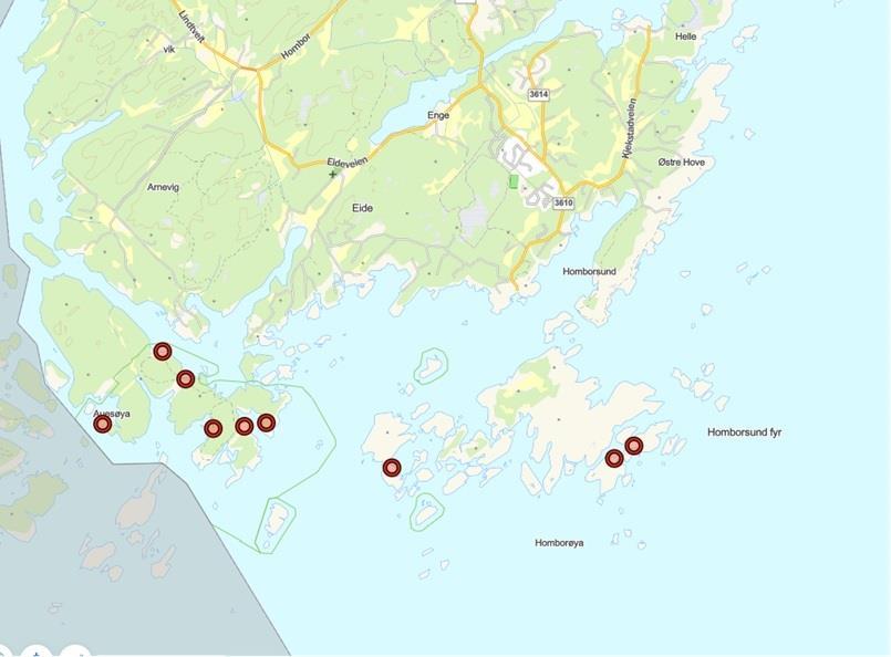 Kart over renovasjonspunkter i skjærgården, vestlig del - Klikk for stort bilde