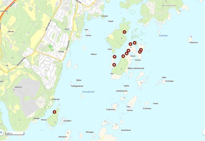 Kart over renovasjonspunkter i Grimstad skjærgården, østlig del - Klikk for stort bilde